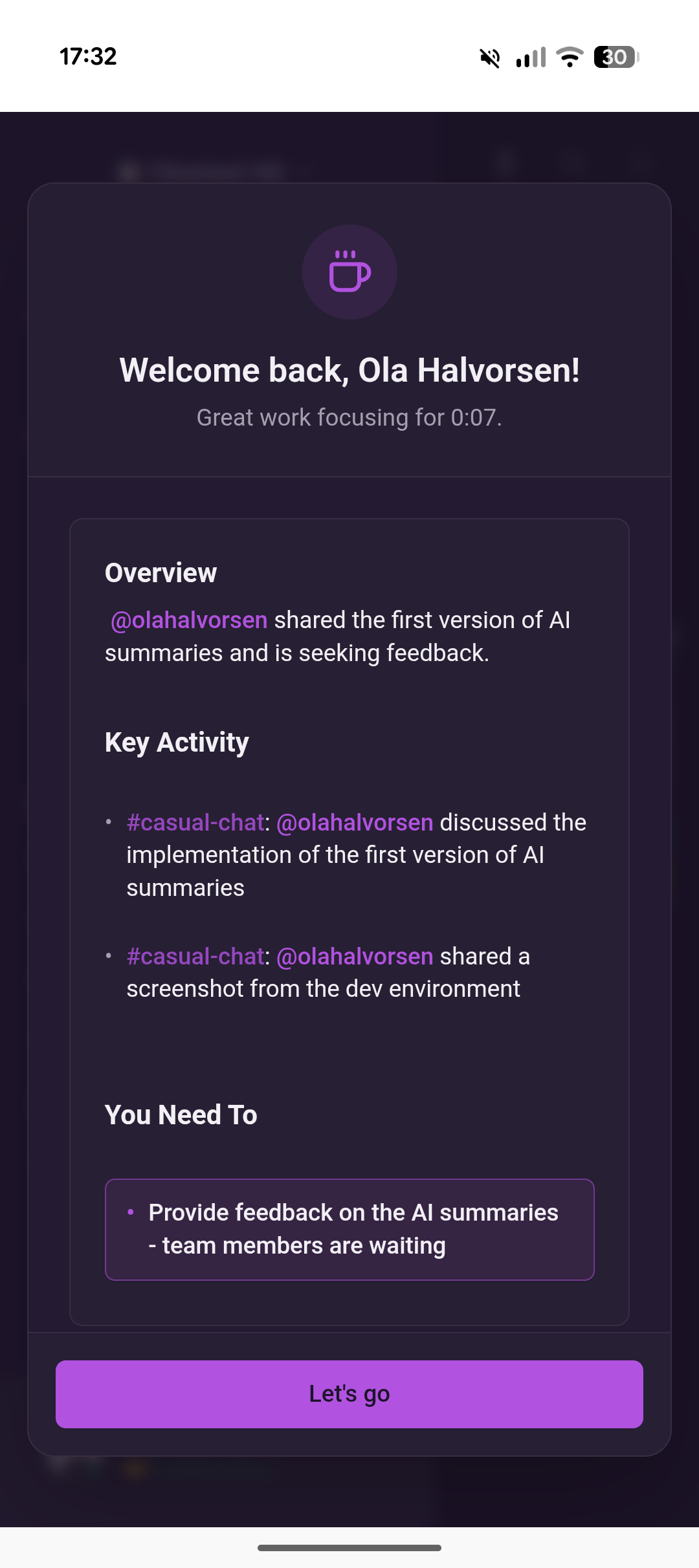 AI summary showing structured breakdown with channels and action items