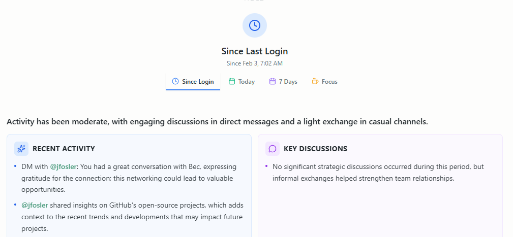 AI summary dashboard showing structured breakdown with different time periods and categories