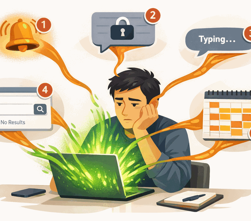 Person at desk with productivity being drained by five different notification and meeting elements