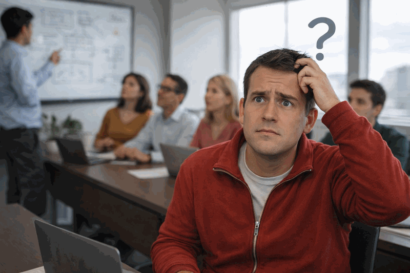 Team members silently confused in separate spaces