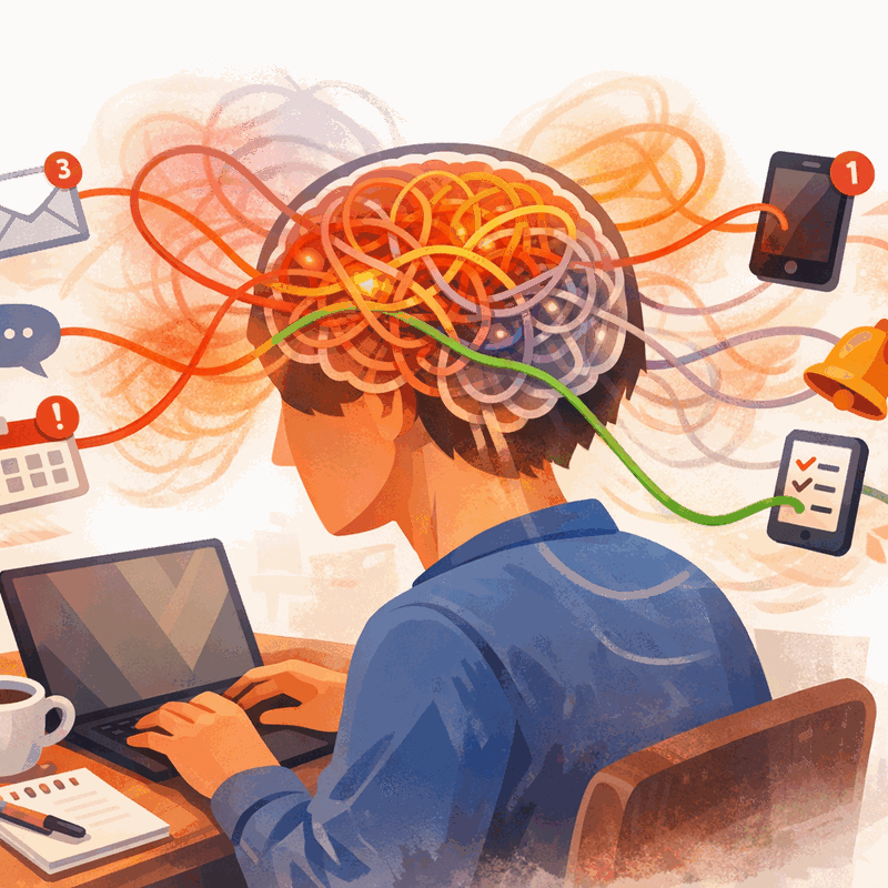 Brain juggling multiple tasks with tangled attention threads and notification distractions