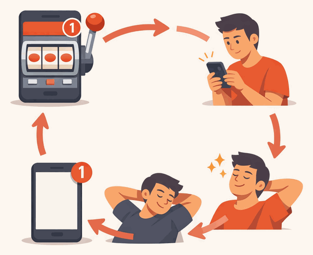 Notification badge cycle resembling a slot machine lever creating an addictive checking pattern