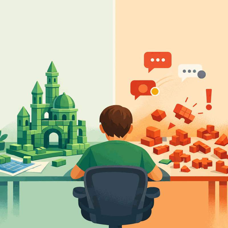 Knowledge worker building complex structure while notification bubbles knock away focus pieces