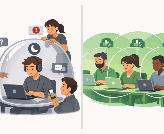 Split showing individual focus bubble versus coordinated team-wide deep work mode