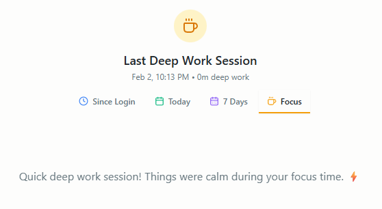 Welcome back panel after deep work session showing gentle, structured AI summary