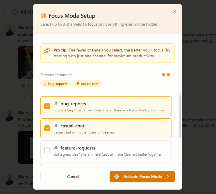 Focus Mode setup dialog showing channel selection