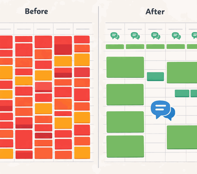 Before and after calendars showing meeting-packed week transformed to spacious schedule with async replacements