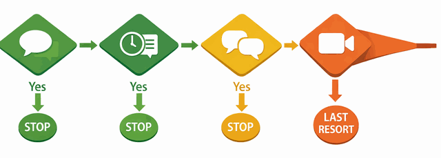 Decision flowchart filtering communication from message to async to real-time to video meeting