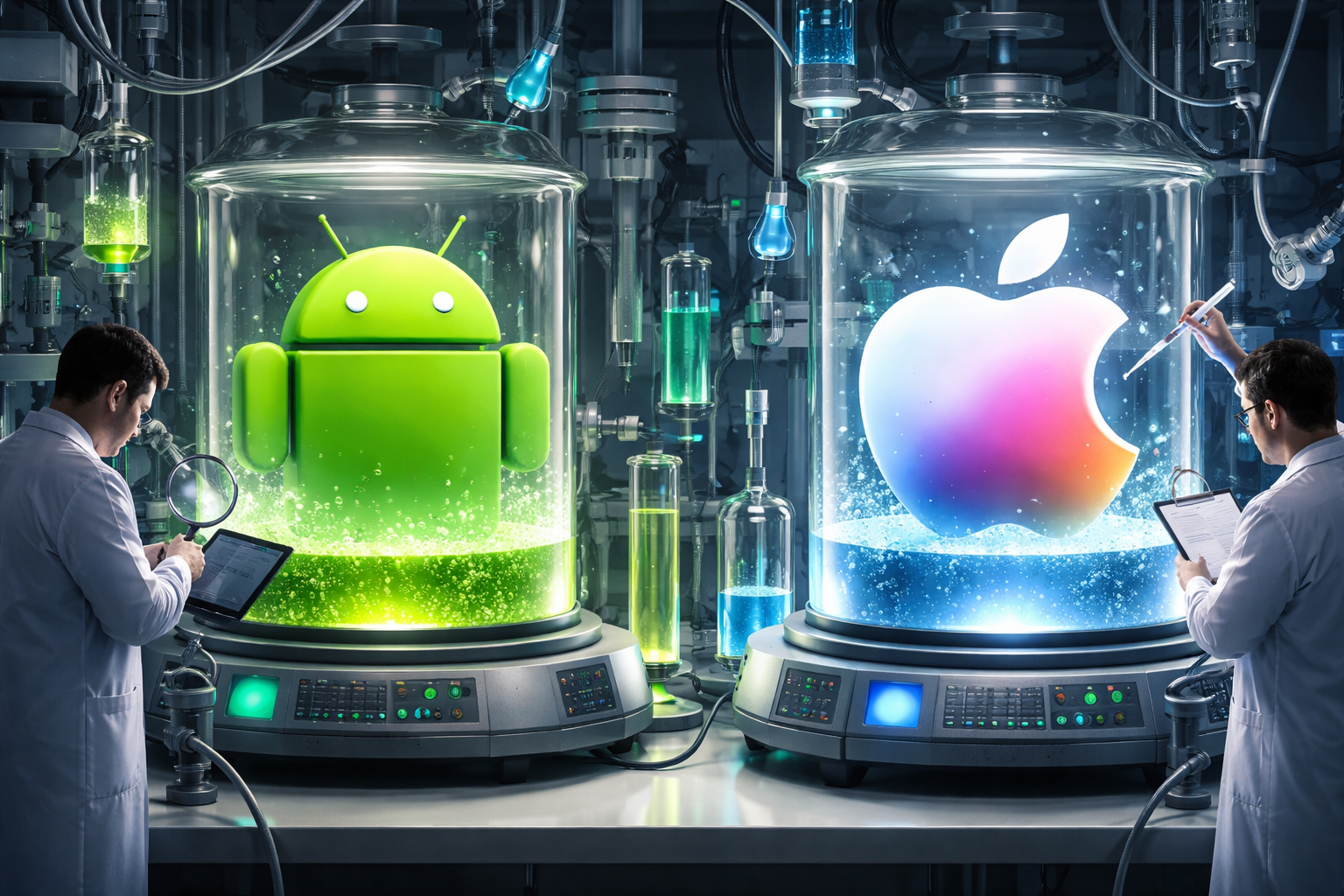 AI-generated illustration of a lab with Apple and Android icons