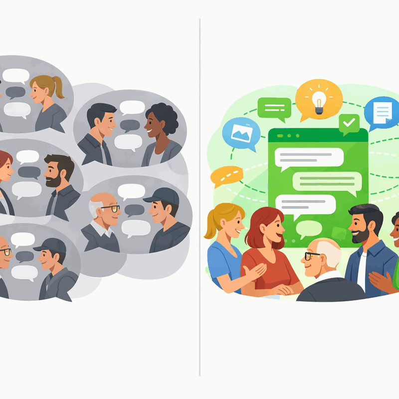 Split comparison of isolated DM silos versus connected public channel communication flow