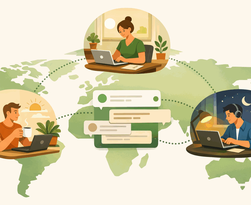 Global async team connected across timezones through written messages on a world map