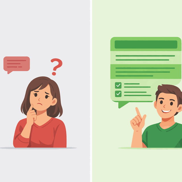 Comparison of vague low-context message versus detailed well-structured message with clear outcomes