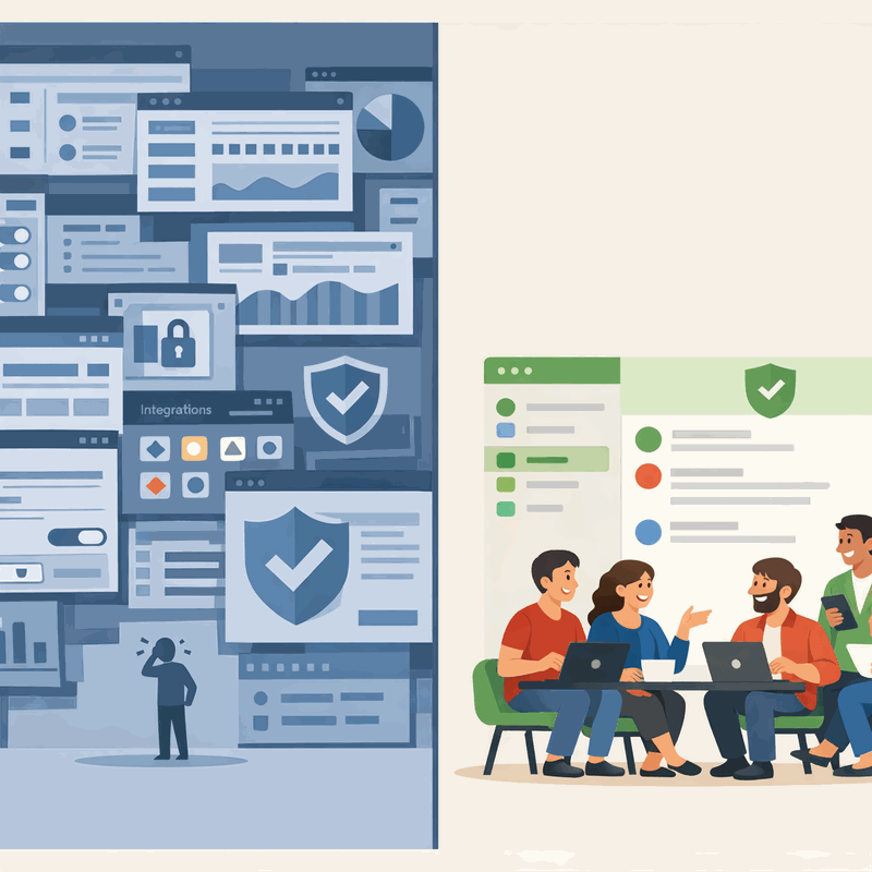 Split comparison of overwhelming enterprise software versus clean minimal startup chat interface