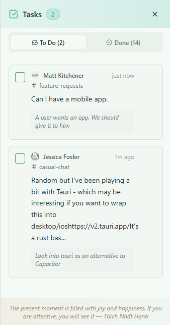 Task panel showing pending and completed tasks