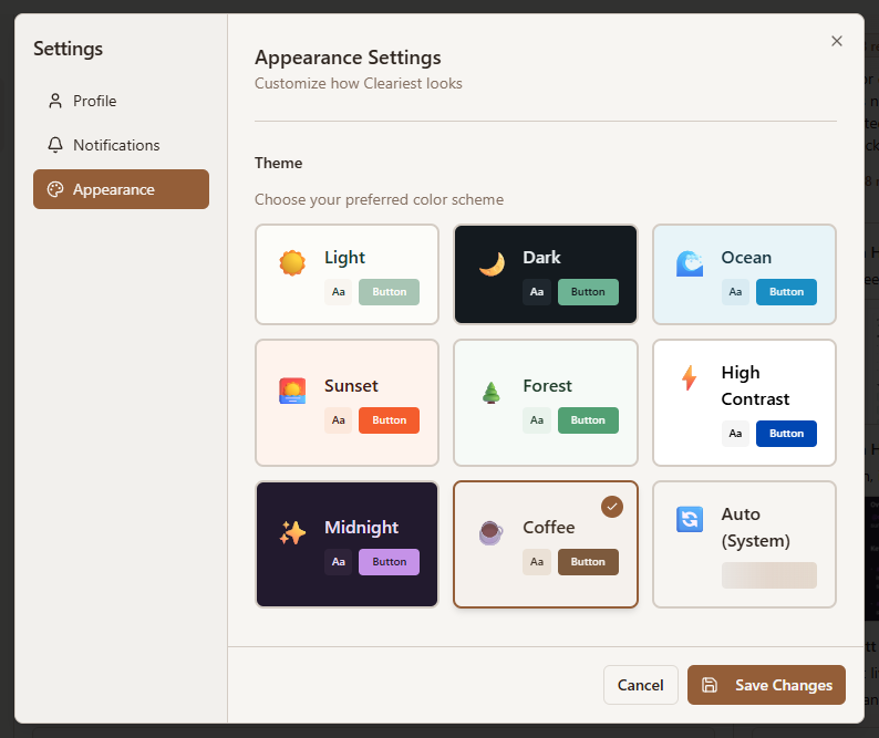 Theme selector showing all theme options with previews
