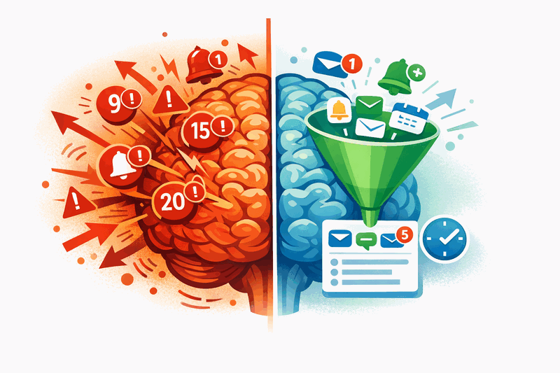 Brain overwhelmed by notifications vs calm batched delivery